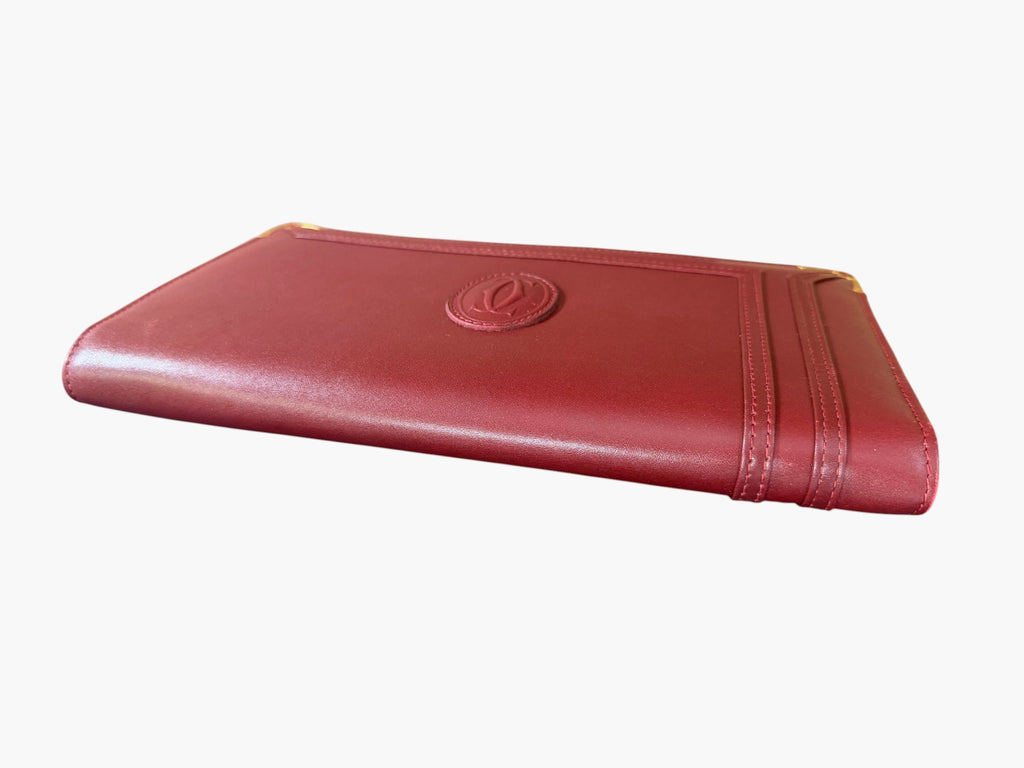 Vintage Cartier Must de Cartier burgundy leather clutch, detail view