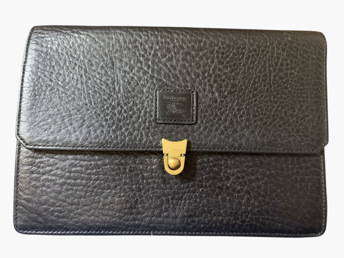 Vintage Burberrys of London Black Grained Leather Clutch with Nova Check Lining, image 1 of 16