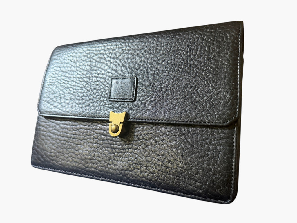 Vintage Burberrys of London Black Grained Leather Clutch with Nova Check Lining, image 2 of 16
