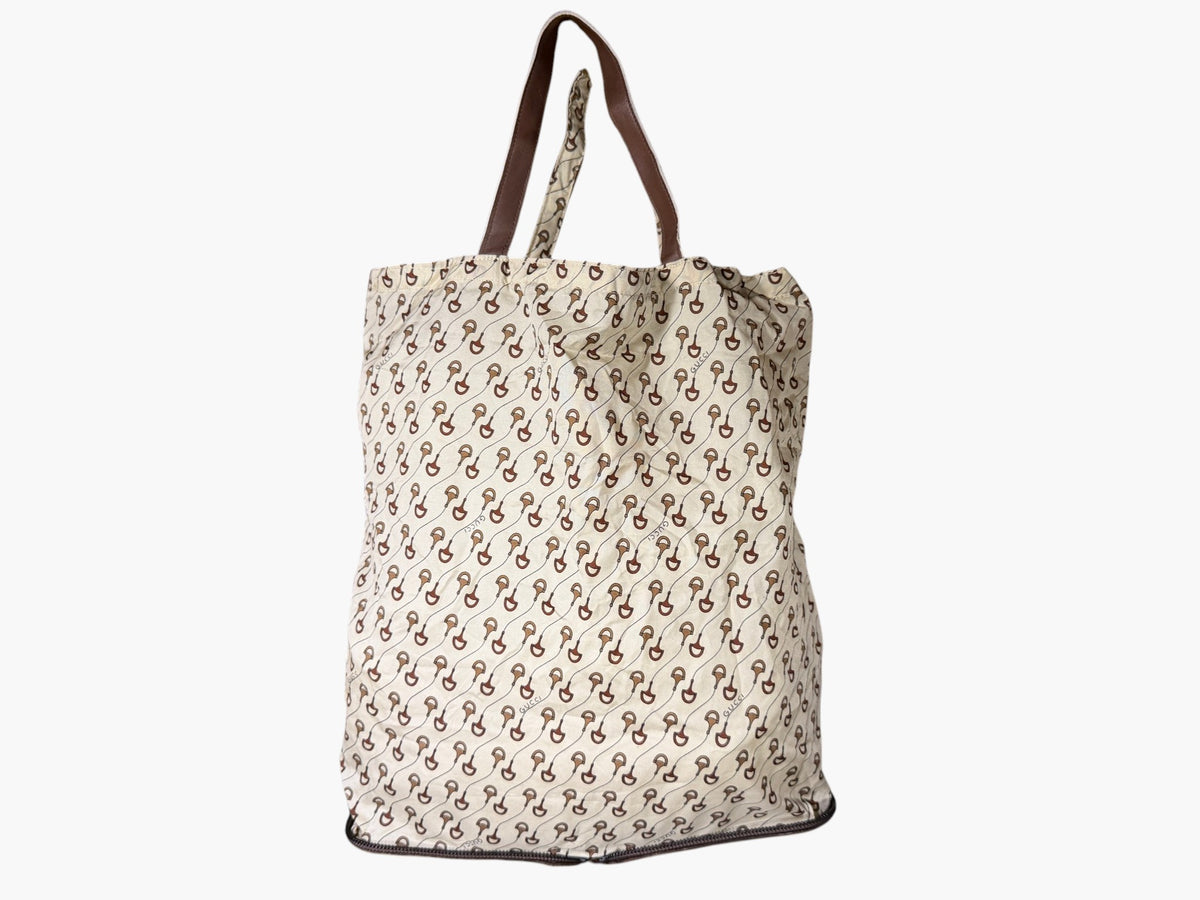 Vintage Gucci Horsebit Print Foldable Tote in Brown Leather Pouch, image 1 of 10