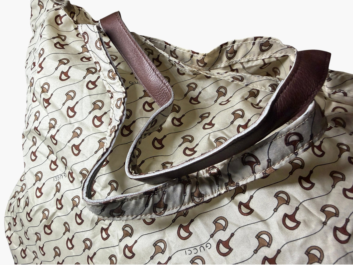 Vintage Gucci Horsebit Print Foldable Tote in Brown Leather Pouch, image 9 of 10