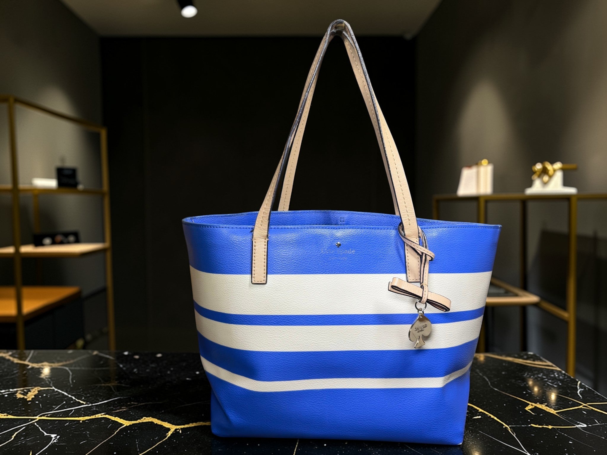 Kate Spade New York Blue & White Striped (Ryan) Pebbled Vegan Leather Tote Bag