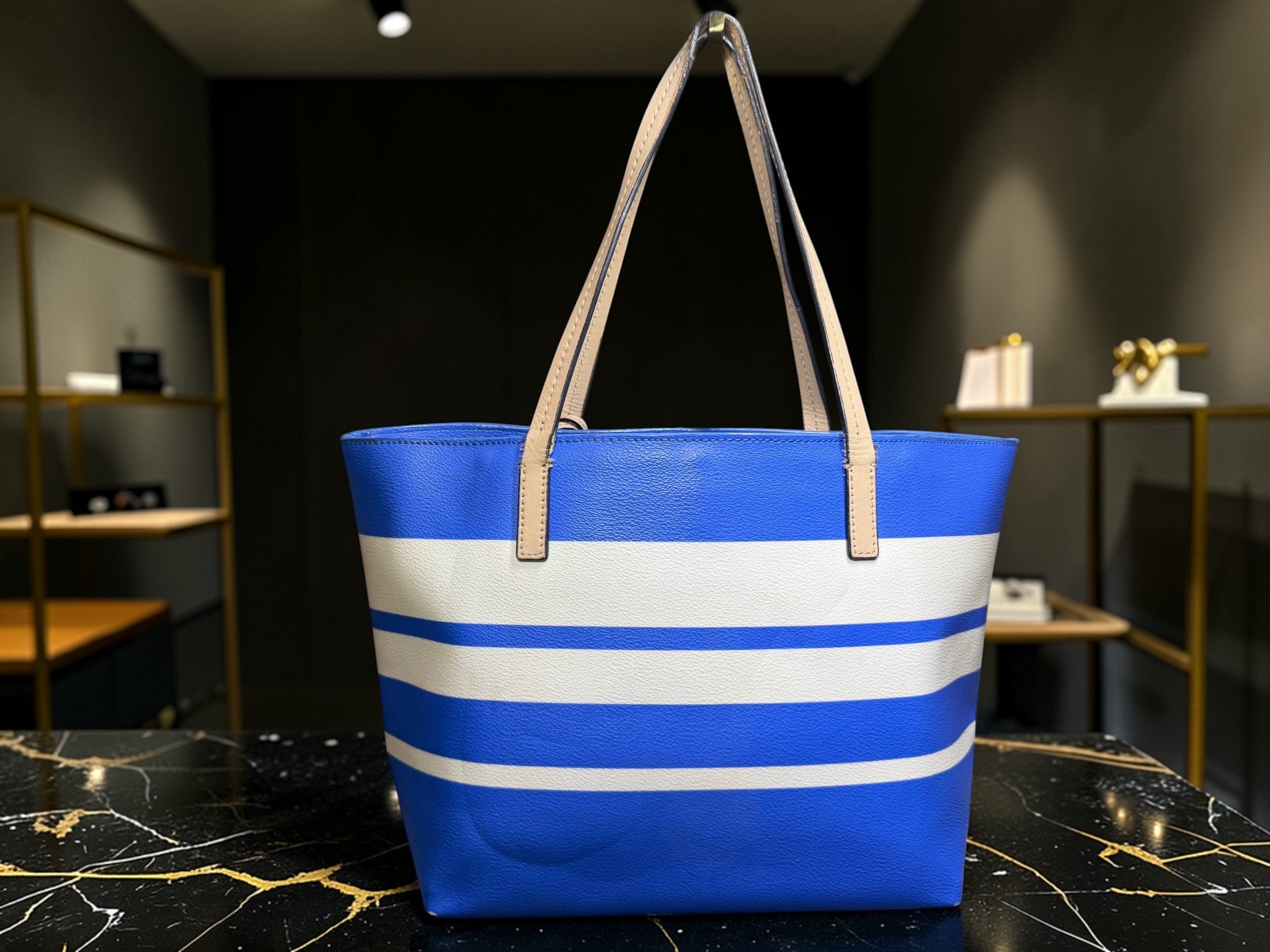 Kate Spade New York Blue & White Striped (Ryan) Pebbled Vegan Leather Tote Bag
