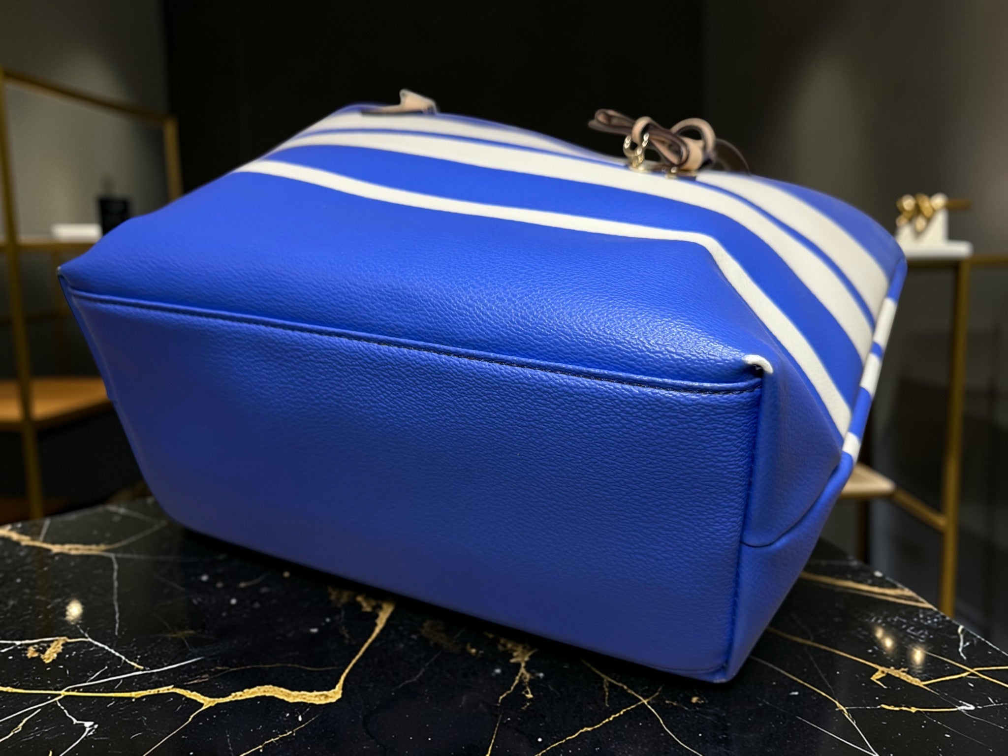 Kate Spade New York Blue & White Striped (Ryan) Pebbled Vegan Leather Tote Bag