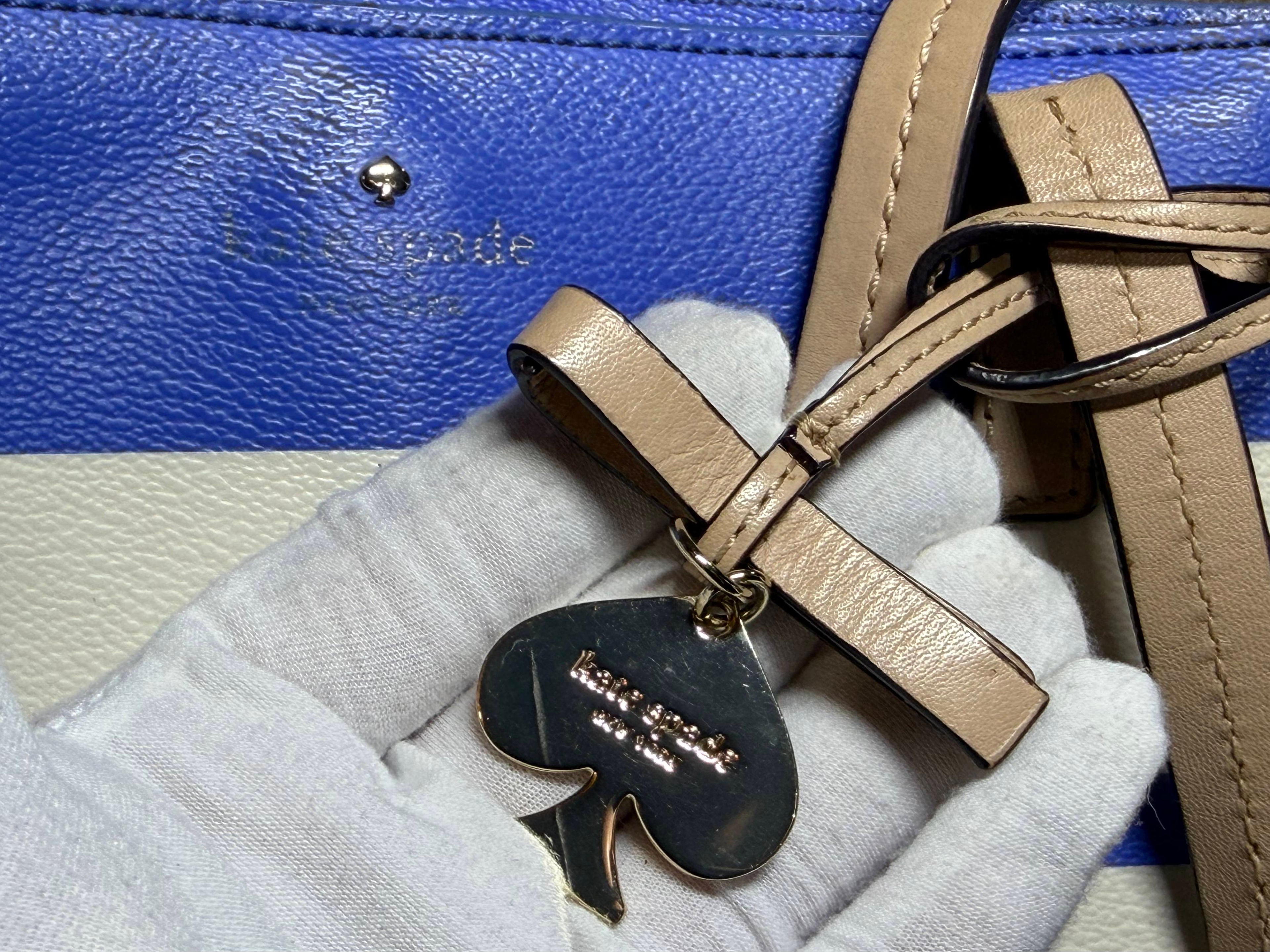 Kate Spade New York Blue & White Striped (Ryan) Pebbled Vegan Leather Tote Bag