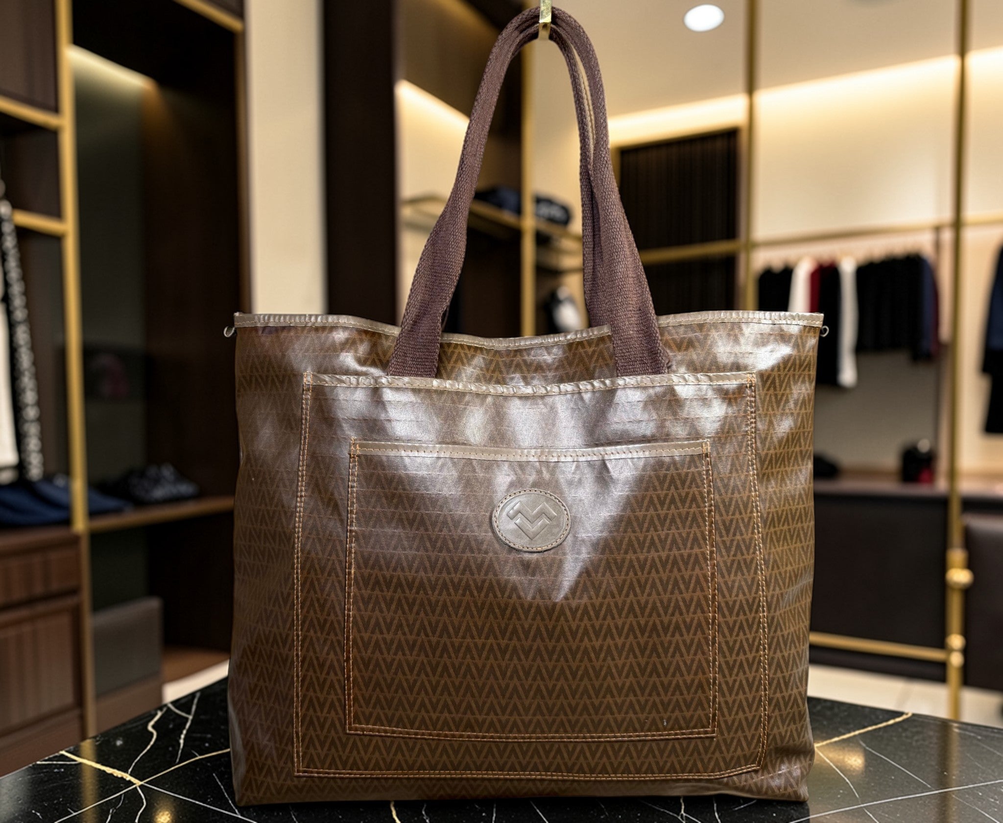 Mario Valentino Brown Monogram Chevron Tote Bag
