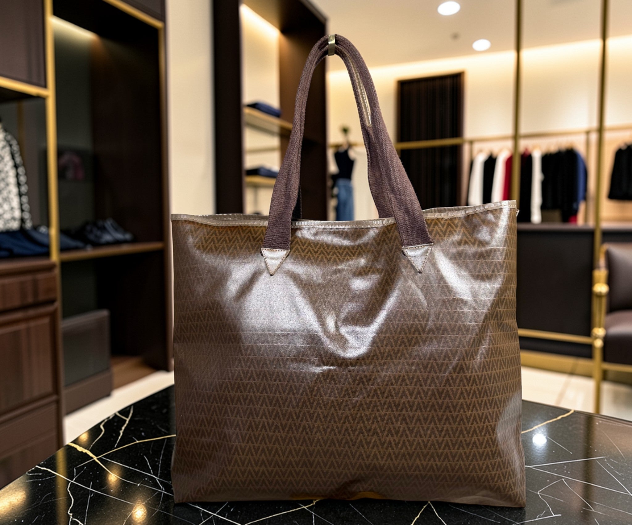 Mario Valentino Brown Monogram Chevron Tote Bag