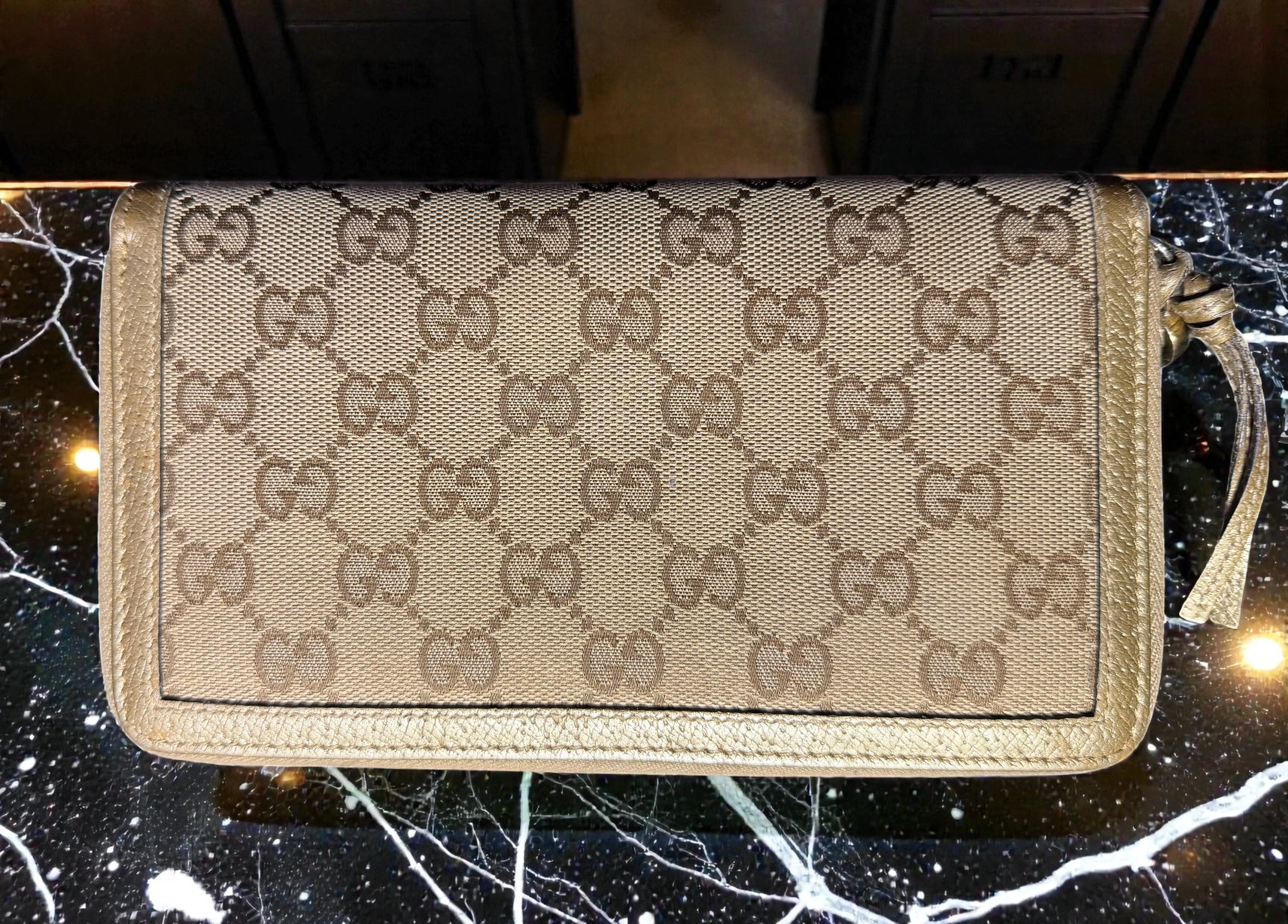 Gucci GG Canvas and Champagne Gold Leather Continental Long Wallet