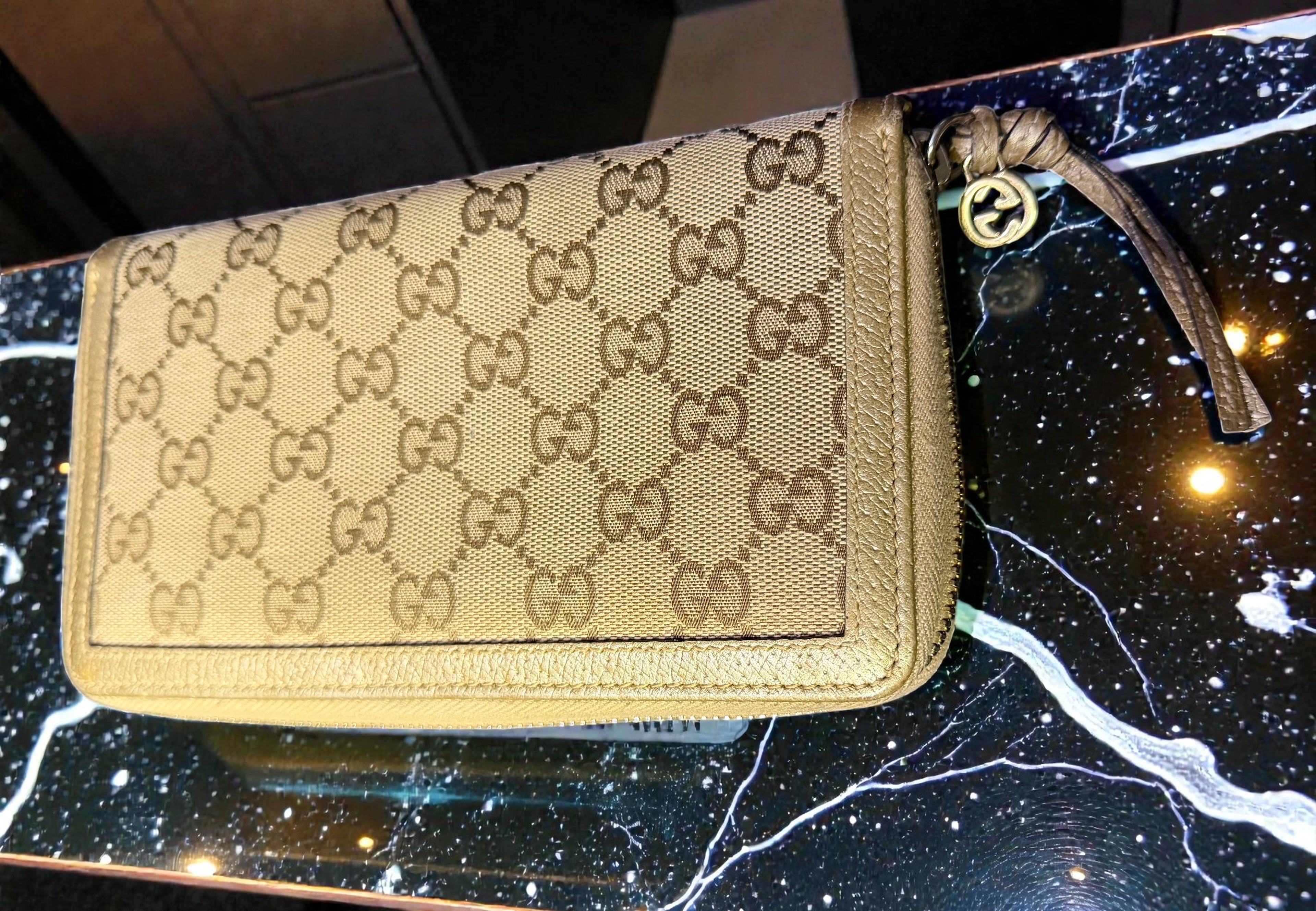 Gucci GG Canvas and Champagne Gold Leather Continental Long Wallet