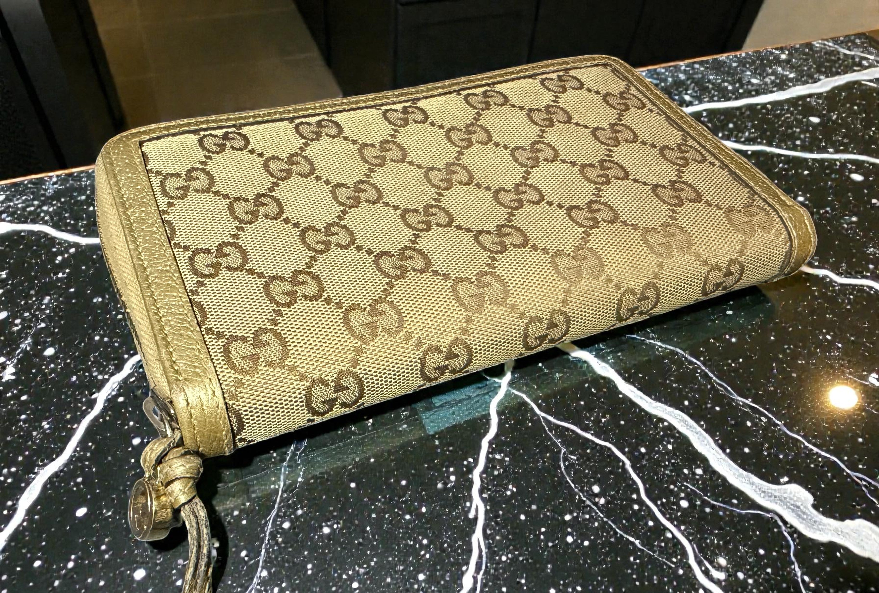 Gucci GG Canvas and Champagne Gold Leather Continental Long Wallet