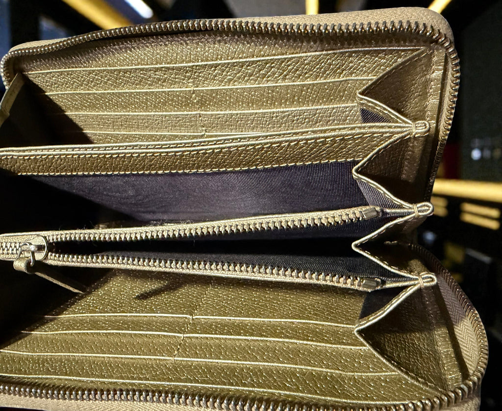 Portefeuille long Continental Gucci en toile GG et cuir doré couleur champagne