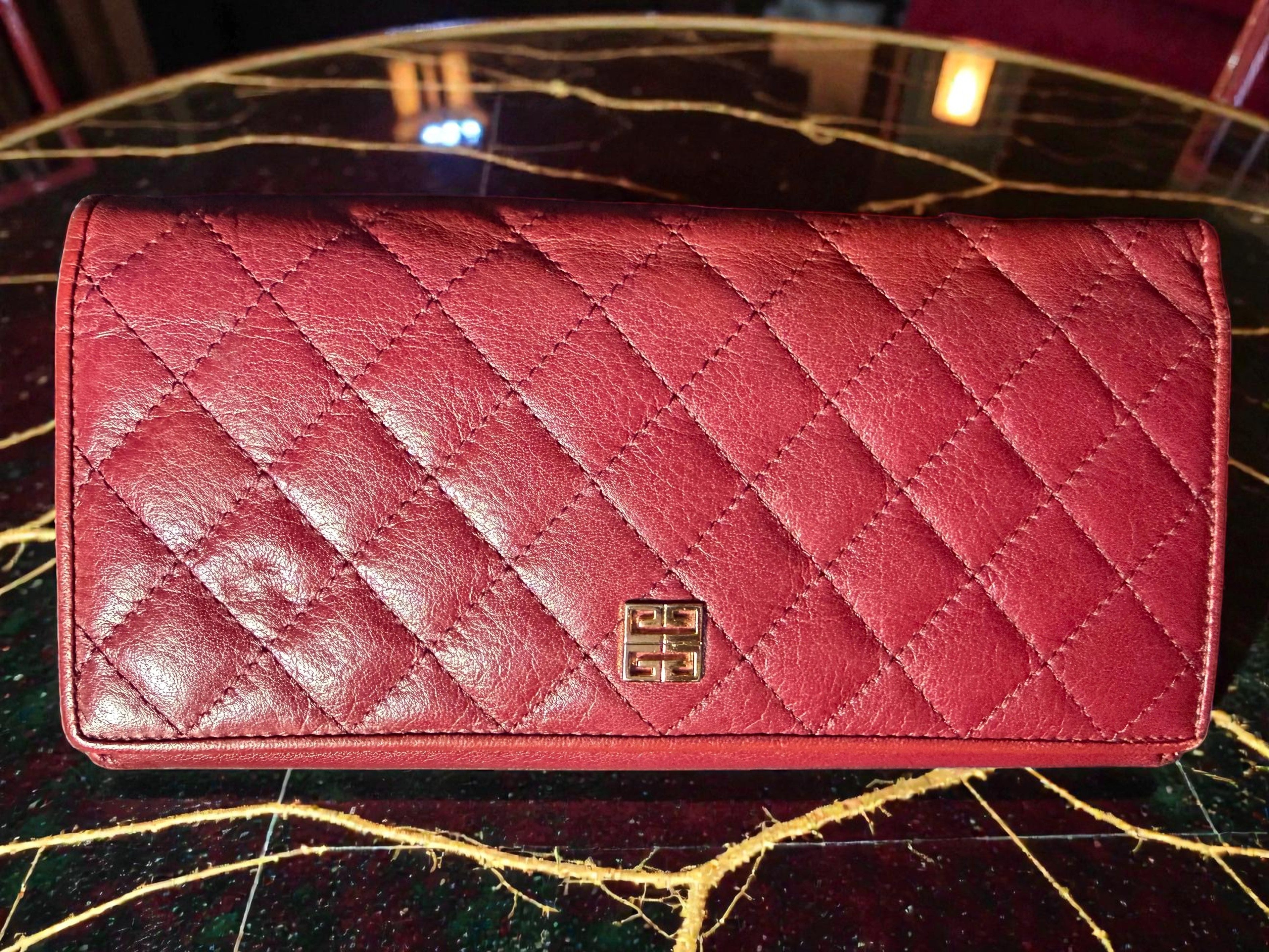 Givenchy Maroon Lambs Leather Diamond Quilted Long Wallet