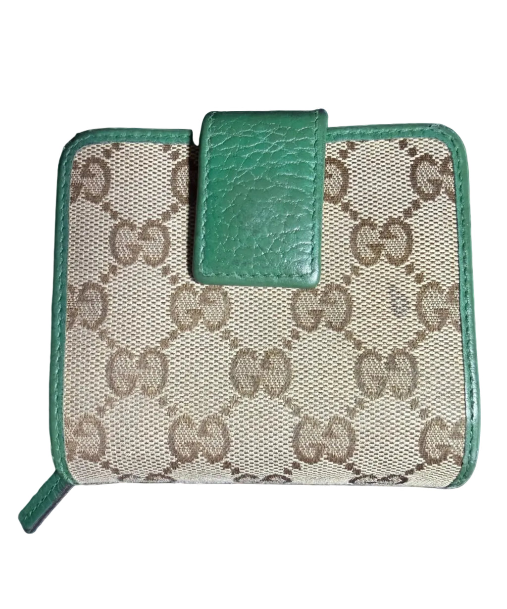 Gucci Compact GG Supreme Canvas and Green Leather Wallet