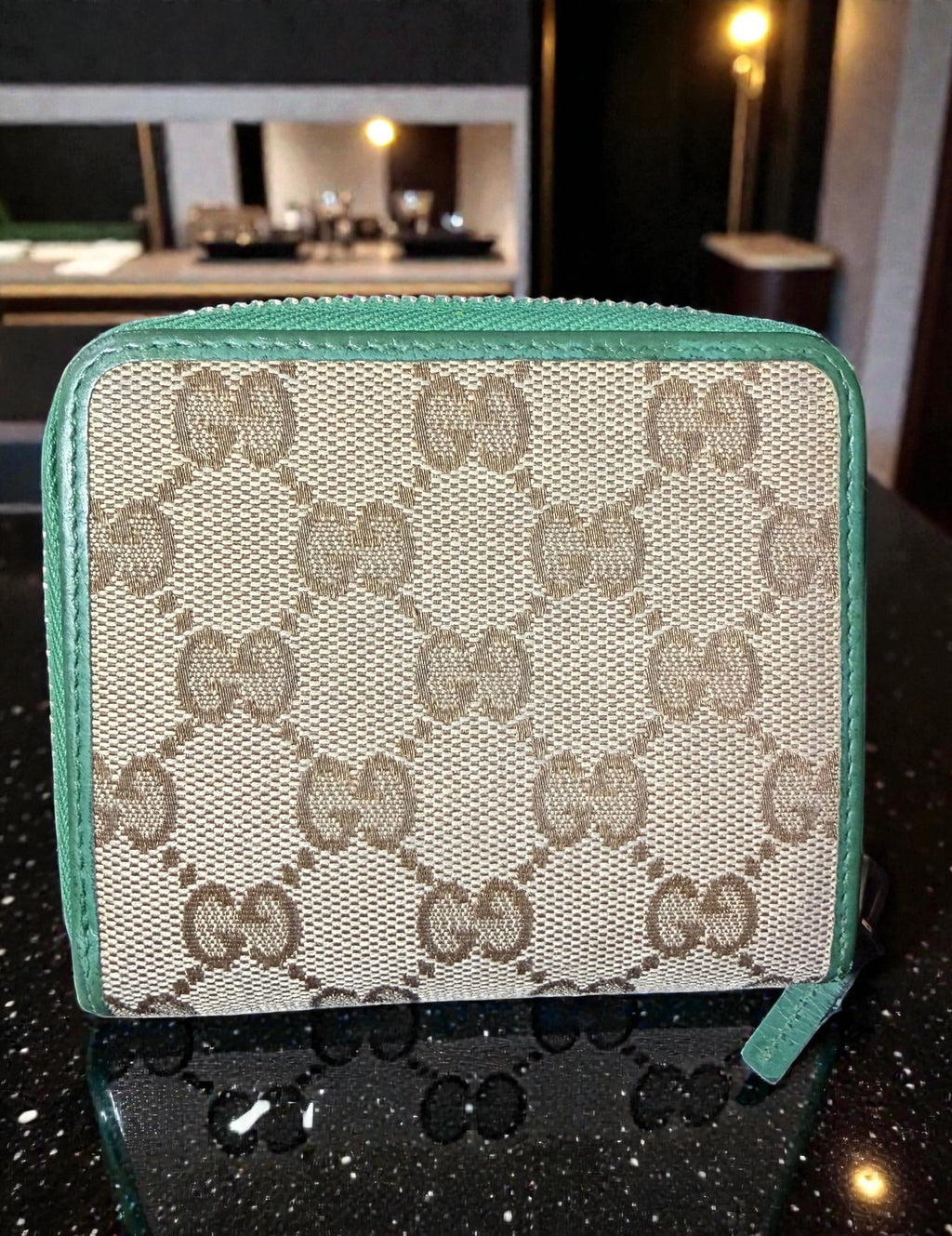 Gucci Compact GG Supreme Canvas and Green Leather Wallet