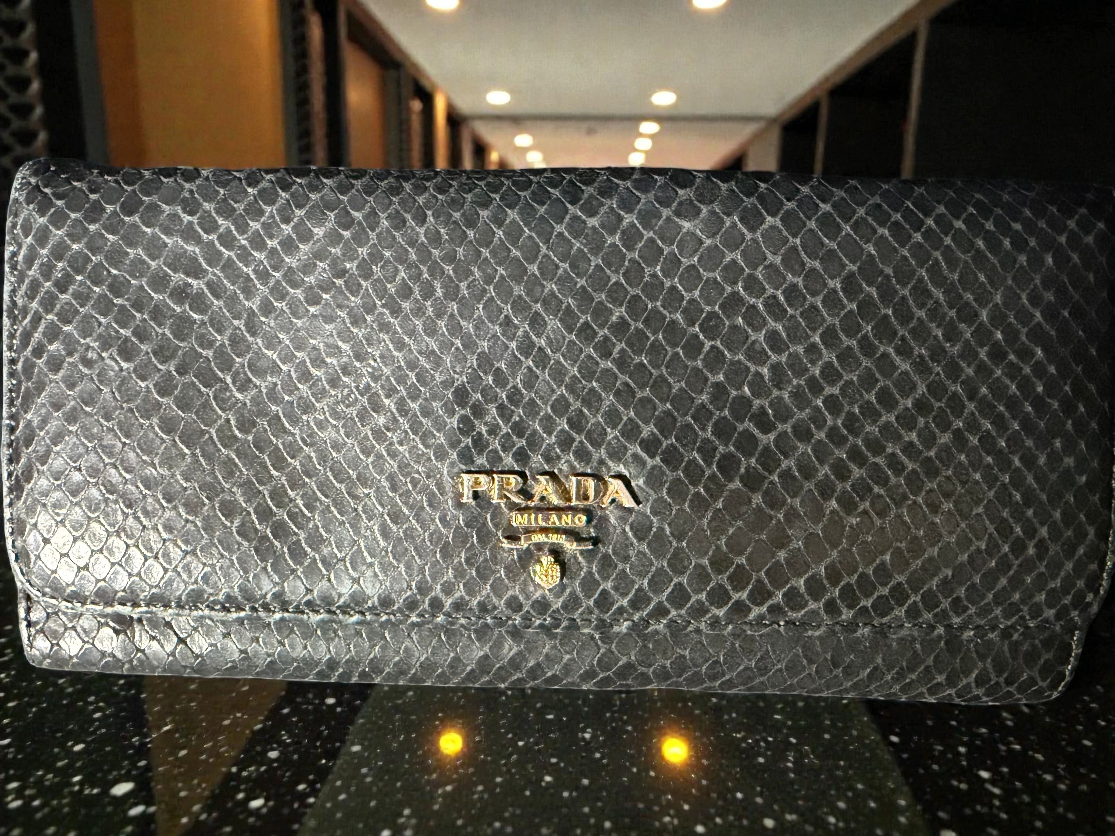 Prada Black Snakeskin Embossed Long Wallet