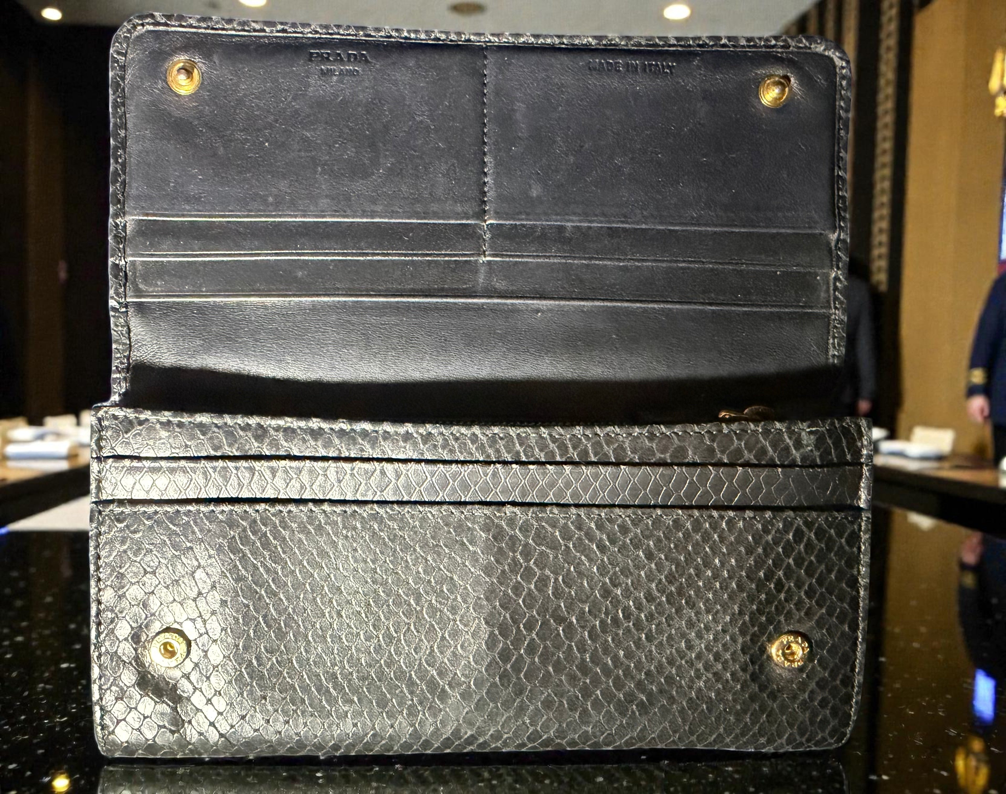 Prada Black Snakeskin Embossed Long Wallet
