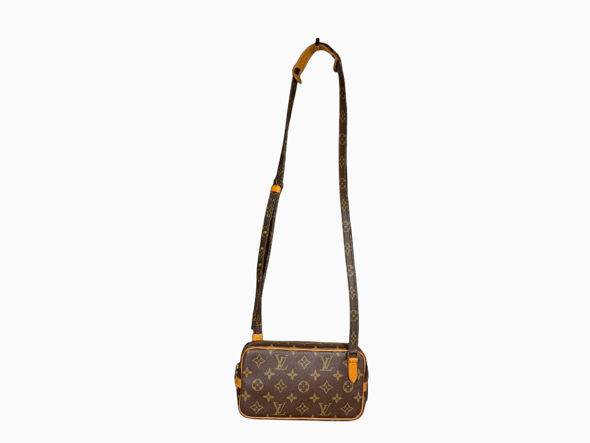 newtoyouluxuries vintage Louis Vuitton Pochette Marly Bandoulière in brown monogram canvas with tan leather trim