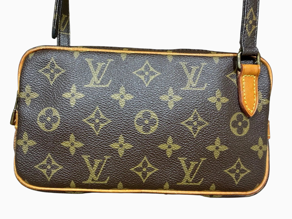 newtoyouluxuries vintage Louis Vuitton Pochette Marly crossbody bag in iconic brown monogram coated canvas