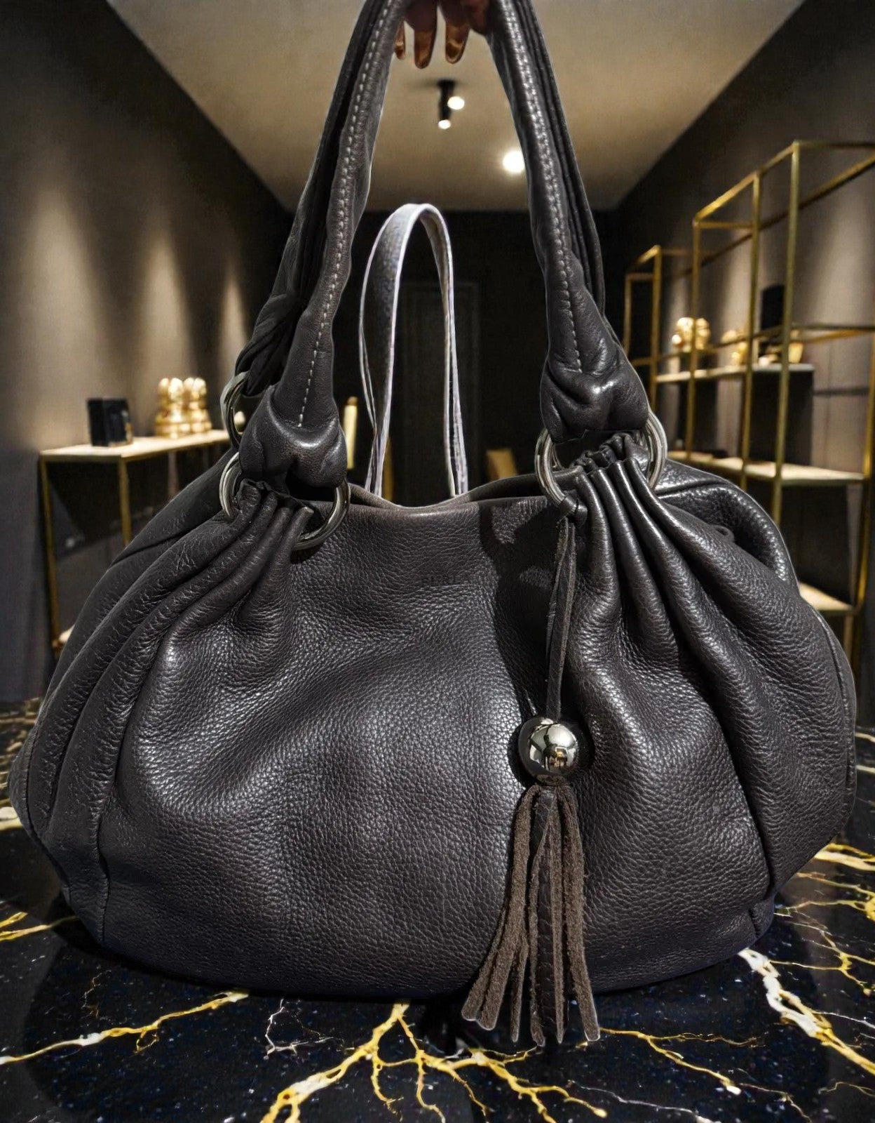 Furla Vintage Hobo Slouch Umhängetasche Dunkelbraunes Leder